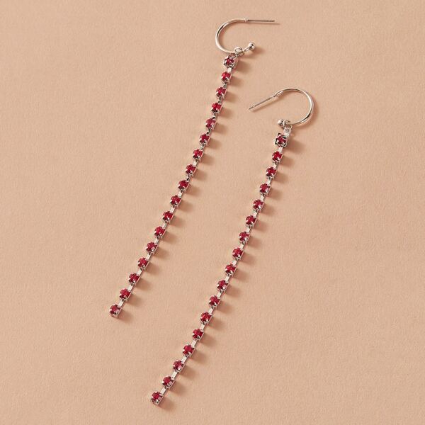 

1pair Rhinestone Engraved Long Strip Drop Earrings, Red