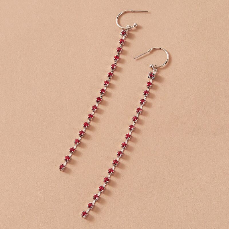 

1pair Rhinestone Engraved Long Strip Drop Earrings, Red