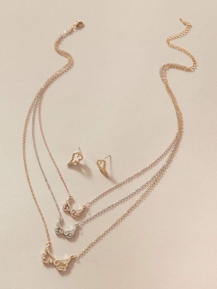 3pcs Rhinestone Decor Wing Charm Necklace & Earrings