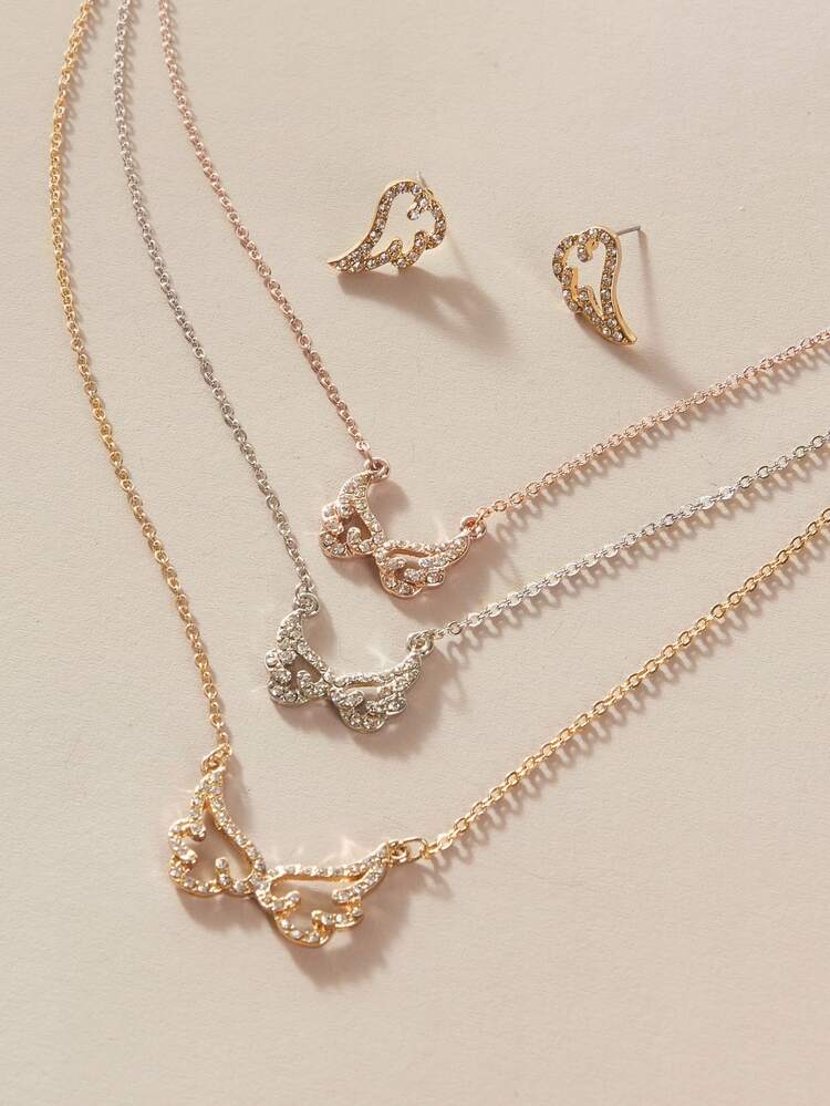3pcs Rhinestone Decor Wing Charm Necklace & Earrings