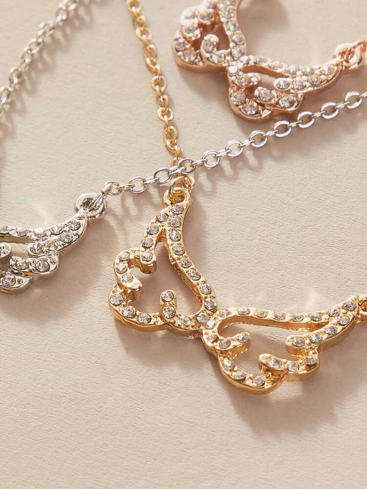 3pcs Rhinestone Decor Wing Charm Necklace & Earrings
