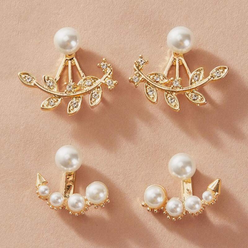 

2pairs Rhinestone Decor Leaf & Faux Pearl Decor Earrings, Gold