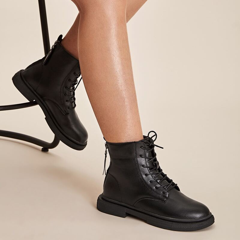 

Back Zip Lace-up Combat Boots, Black
