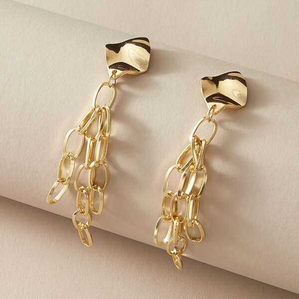 

1pair Hammered Geometric Decor Link Drop Earrings, Gold