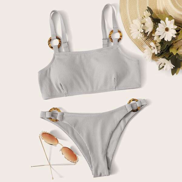 

Rib Ring Linked Bikini Set, Grey
