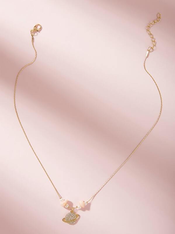 

1pc Rhinestone Engraved Planet Charm Necklace, Gold