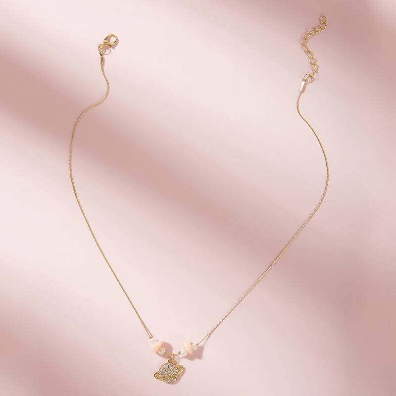 

1pc Rhinestone Engraved Planet Charm Necklace, Gold