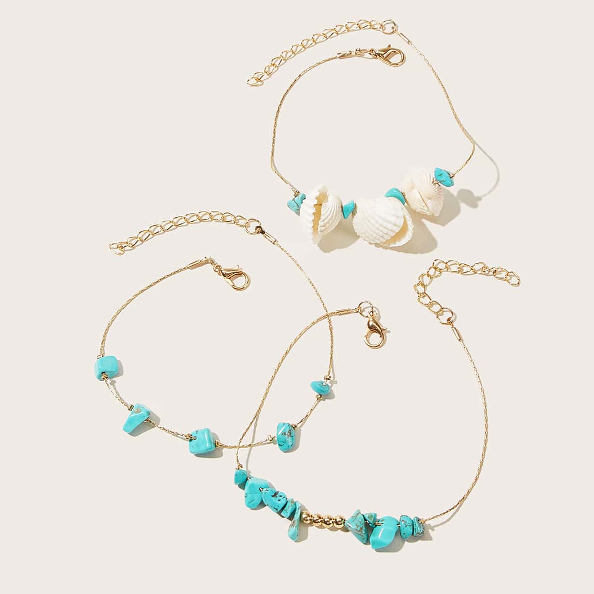 

3pcs Shell & Turquoise Decor Chain Anklet, Multicolor
