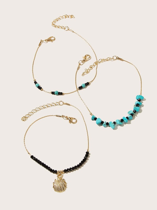 

3pcs Shell & Turquoise Decor Chain Anklet, Multicolor