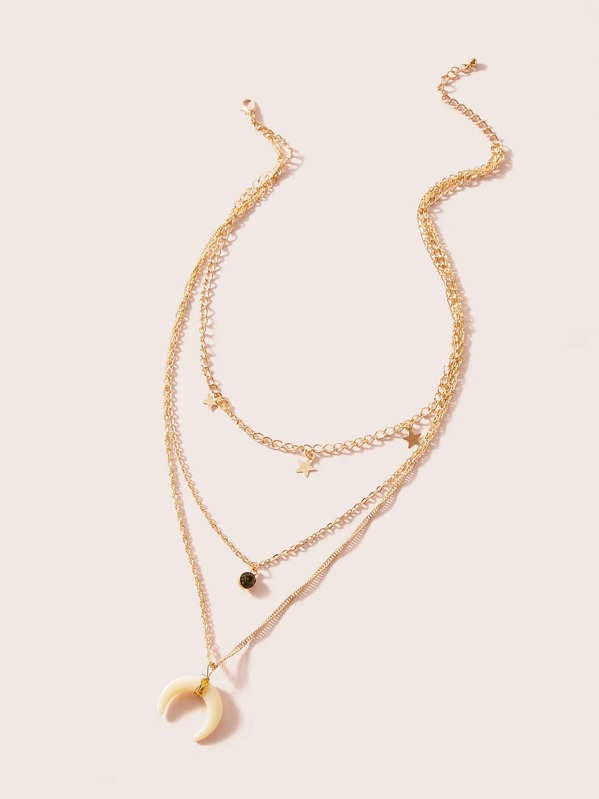 

1pc Moon & Star Charm Layered Necklace, Gold