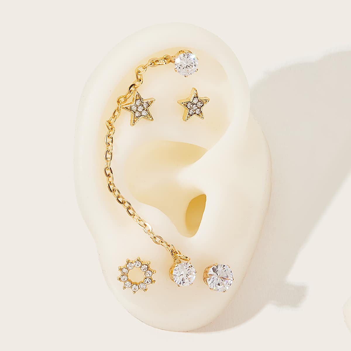 

5pcs Rhinestone Engraved Star Decor Earrings, Gold