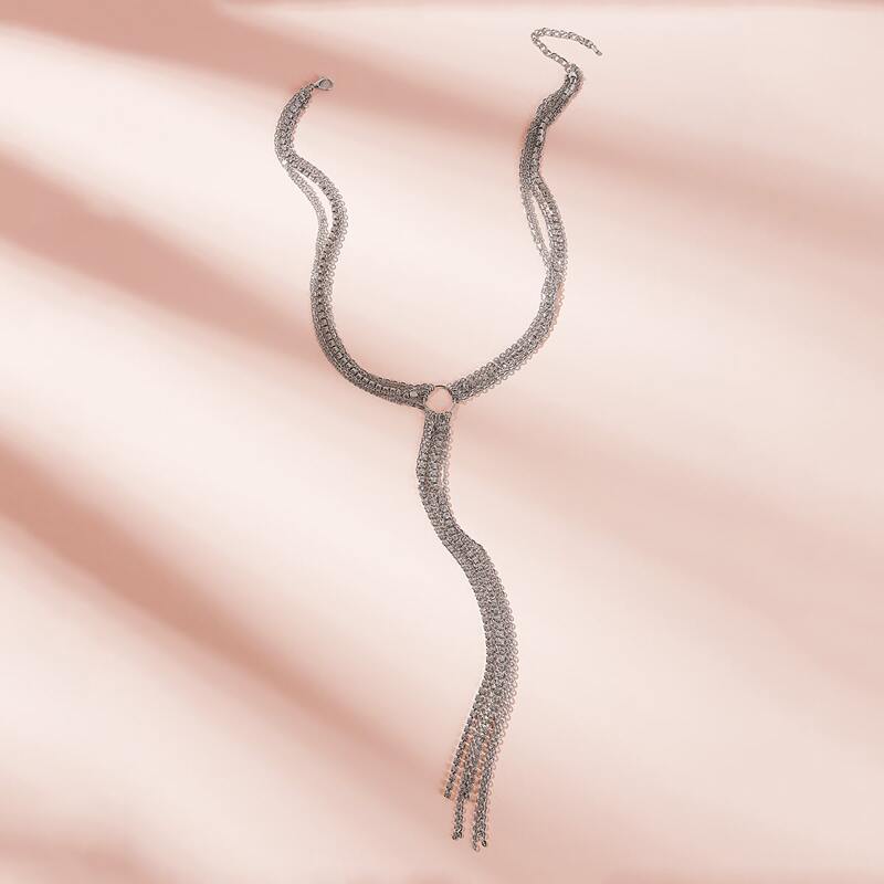 

1pc Rhinestone Engraved Tassel Lariat Necklace, Silver