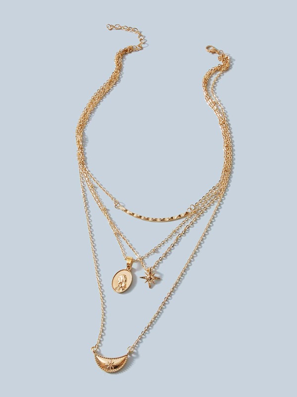 

1pc Moon & Star Charm Layered Necklace, Gold