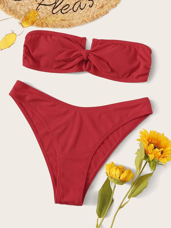 

Rib Knot Front Bandeau With High Cut Bikini, Red