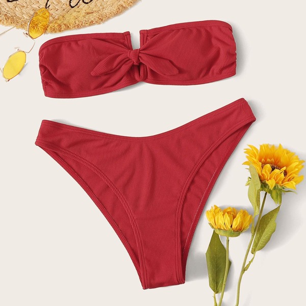 

Rib Knot Front Bandeau With High Cut Bikini, Red