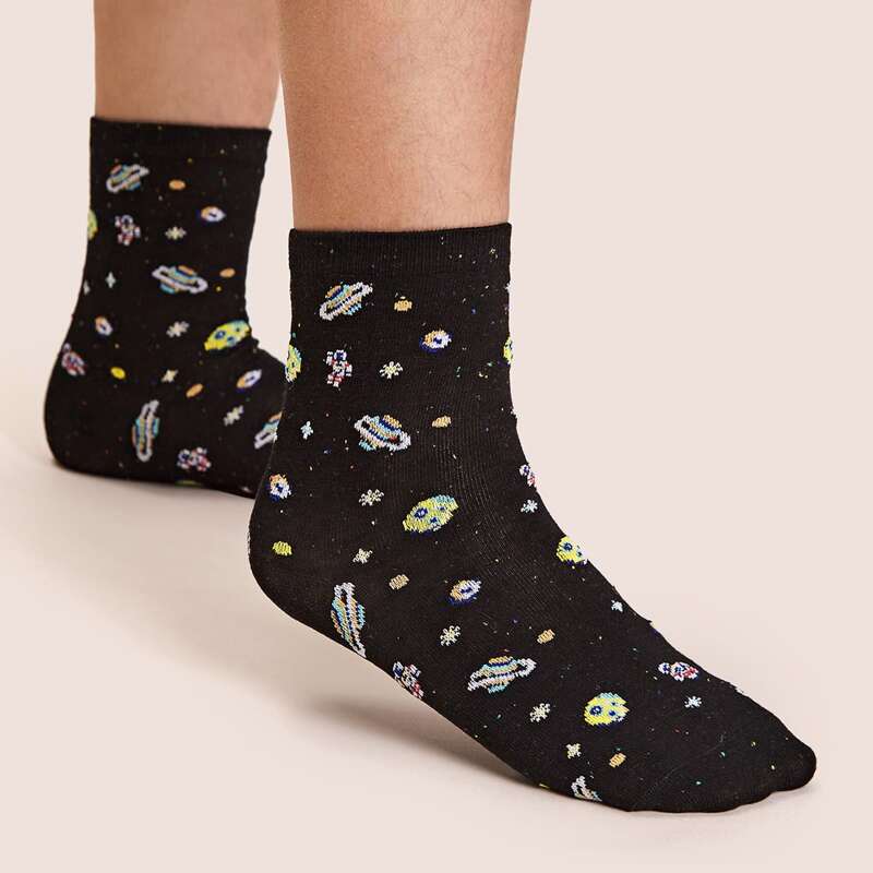 

1pair Planet Pattern Socks, Black