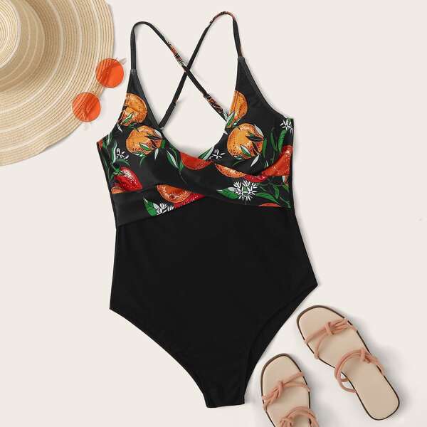

Fruit Random Print Criss Cross One Piece Swimwear, Black