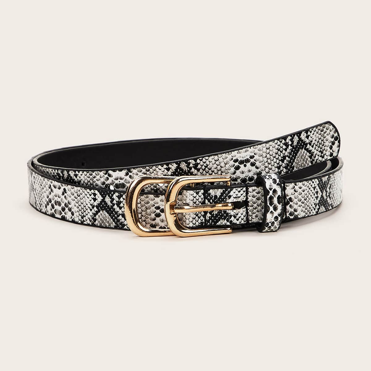 

Snakeskin Pattern Double Geometric Buckle Skinny Belt, Multicolor