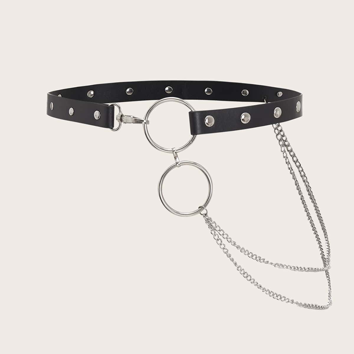 

Chain & Ring Decor Buckle Belt, Black