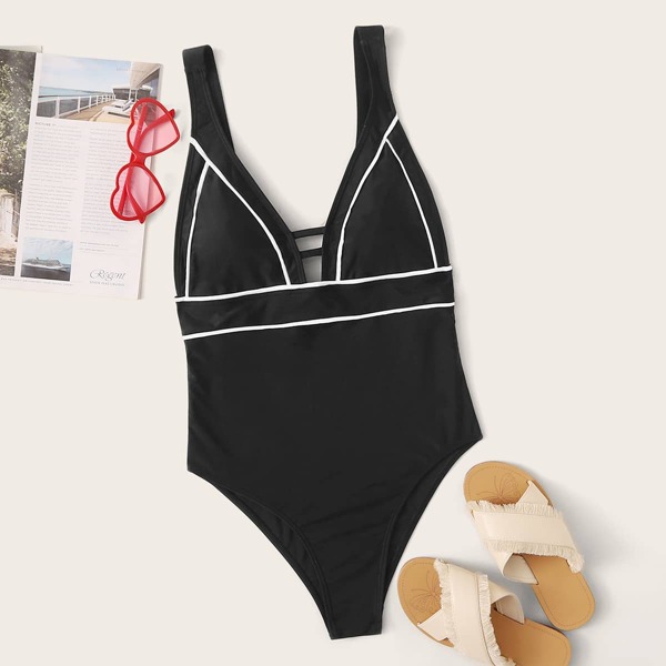

Contrast Binding One Piece Swimwear, Black