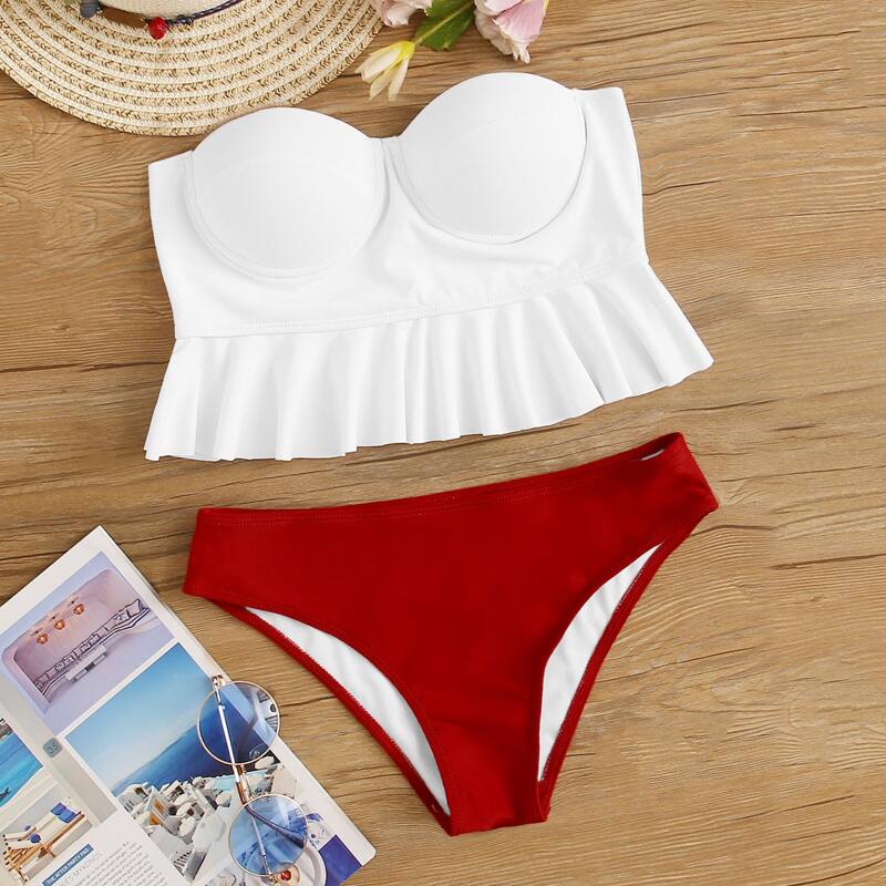 

Two Tone Ruffle Trim Bandeau Tankini, Multicolor