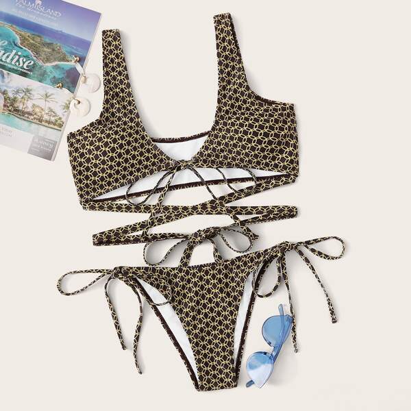 

Geo Random Print Tie Side Bikini Set, Multicolor
