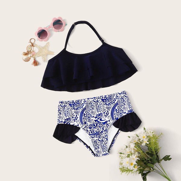 

Girls Tiered Layer Halter Top With High Waist Bikini, Navy