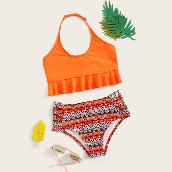 

Girls Ruffle Hem Top With Geo High Waist Bikini, Multicolor