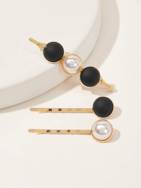 

3pcs Faux Pearl Decor Hair Clips, Multicolor