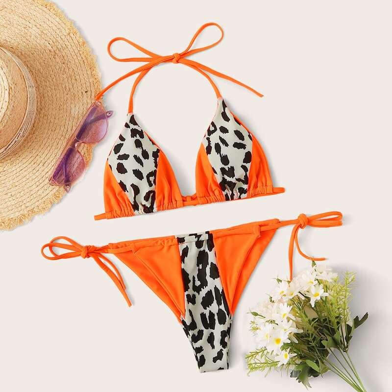 

Leopard Triangle Top With Tie Side Bikini Set, Multicolor