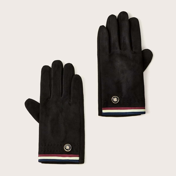 

1pair Men Striped Trim Gloves, Black