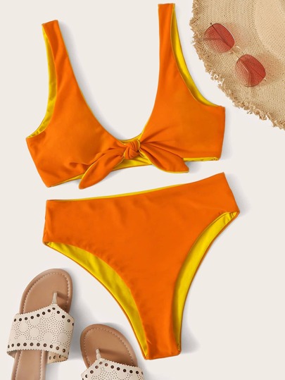 Knot Front Top With High Waist Bikini Set