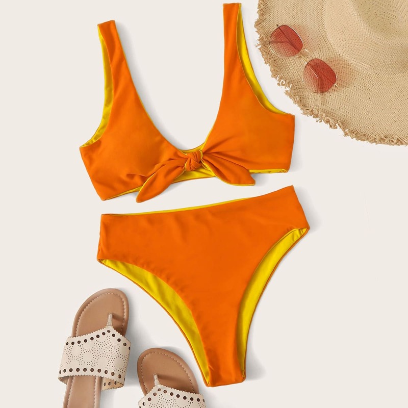 

Knot Front Top With High Waist Bikini Set, Orange