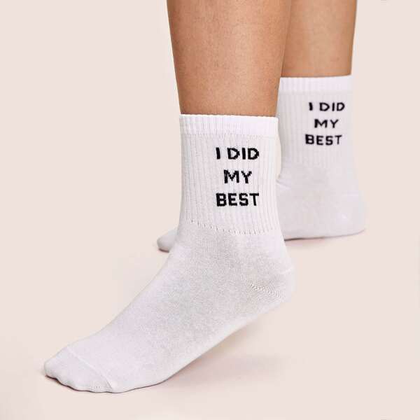 

1pair Slogan Graphic Socks, White