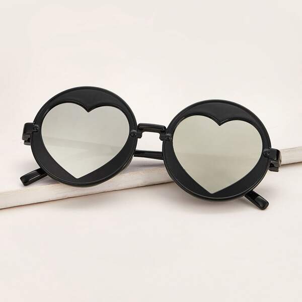 

Kids Heart Engraved Round Frame Sunglasses With Case, Black