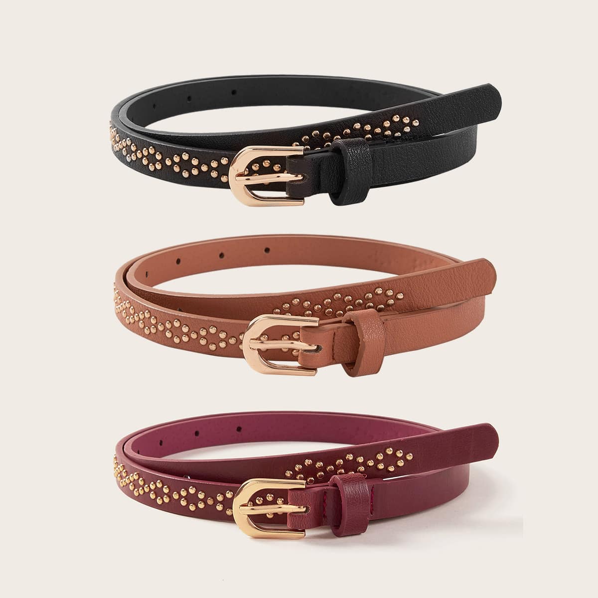 

3pcs Rivet Decor Skinny Belt, Multicolor