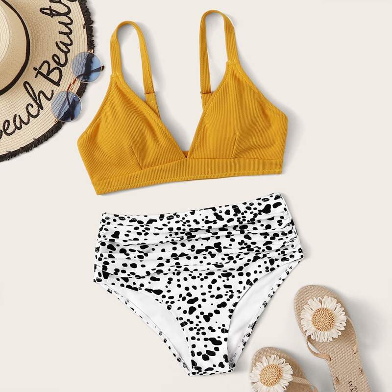 

Rib Top With Dalmation Print High Waist Bikini, Multicolor
