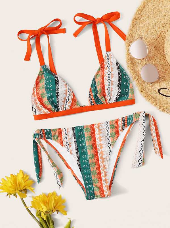 

Geo Random Print Triangle Top With Tie Side Bikini Set, Multicolor