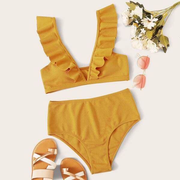 

Rib Ruffle Trim Top With High Waist Bikini Set, Yellow