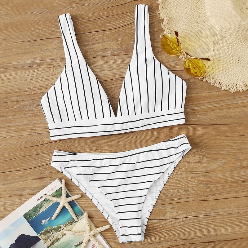 

Striped V Neck Bikini Set, Black and white