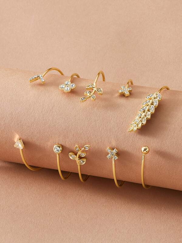 

5pcs Rhinestone Engraved Leaf & Cross Decor Cuff Bracelet, Gold