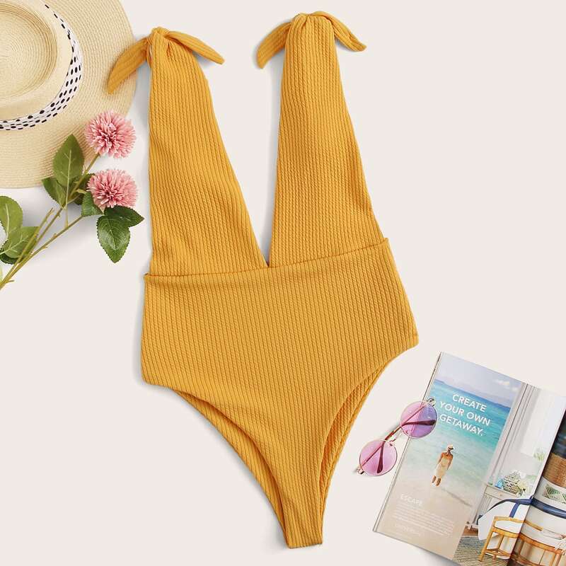 

Rib Tie Shoulder One Piece Swimwear, Yellow