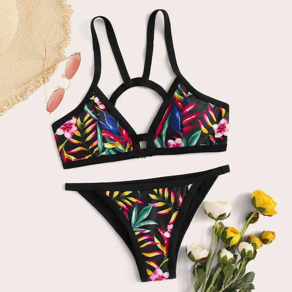 

Tropical Random Print Top With Thong Bikini Set, Multicolor