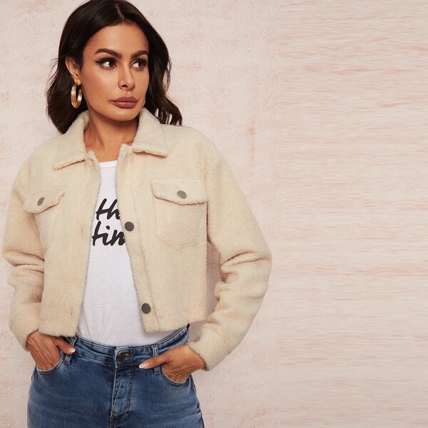 

Solid Button Through Pocket Front Teddy Jacket, Beige