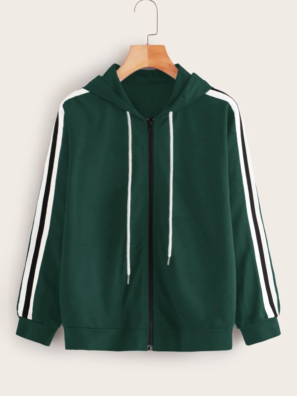 

Zip Up Striped Drawstring Hoodie, Green