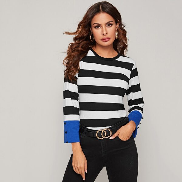 

Contrast Cuff Round Neck Striped Tee, Black and white