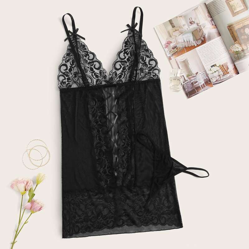 

Contrast Lace Sheer Mesh Slips With Thong, Black