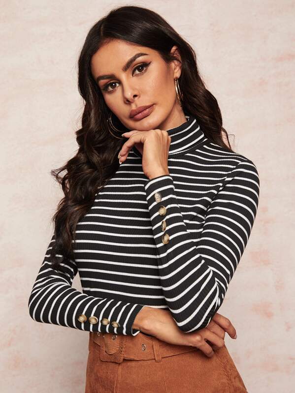 

Black And White Stripe Turtleneck Ribbed Tee, Andy