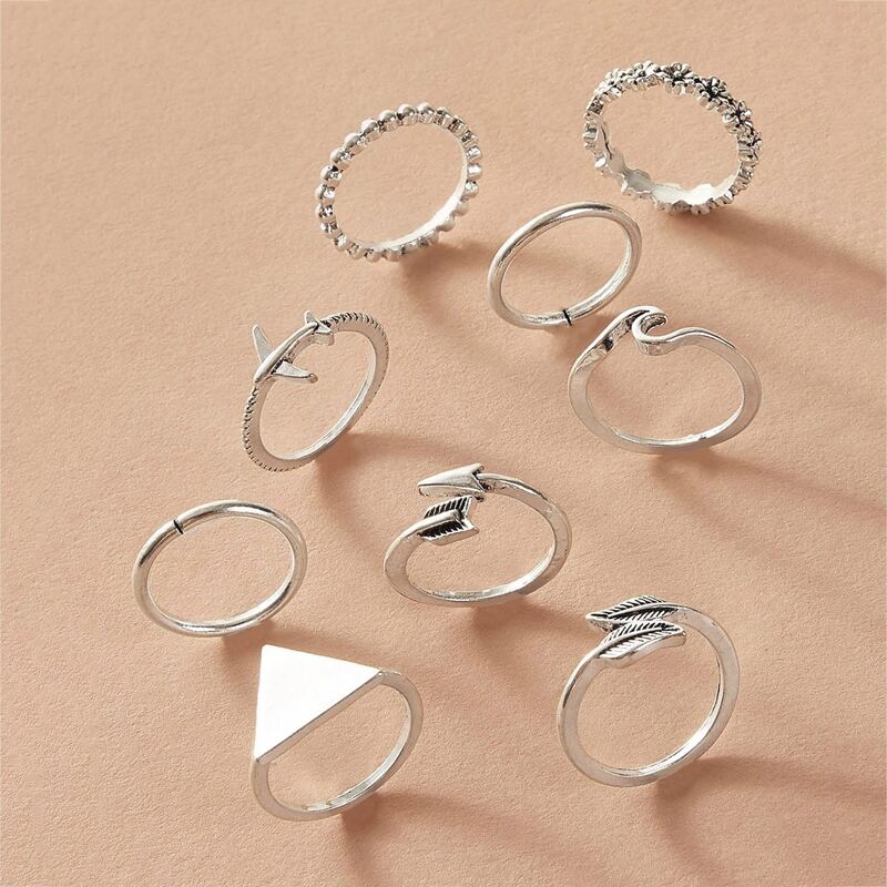 

9pcs Flower & Triangle Decor Rings Set, Silver