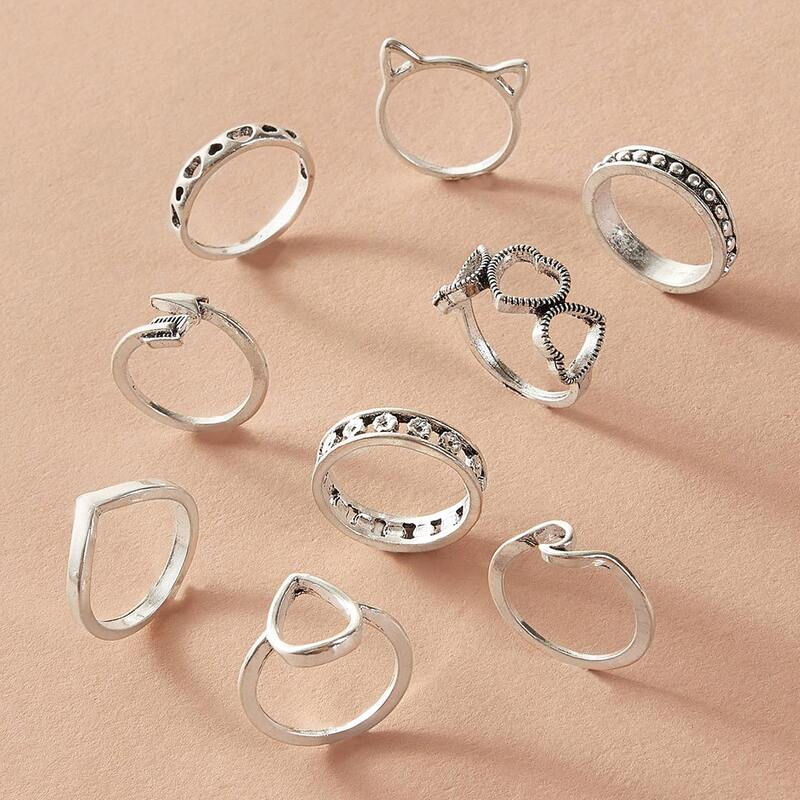 

9pcs Water Drop & Heart Decor Rings Set, Silver